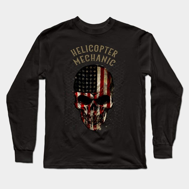 Helicopter Mechanic - Watercolor Skull in American Flag Design Long Sleeve T-Shirt by best-vibes-only